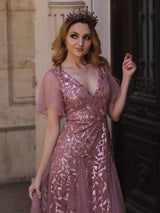 ever ASTRAL|Shimmery Ruffle Sleeves Maxi Sequin Evening Dress