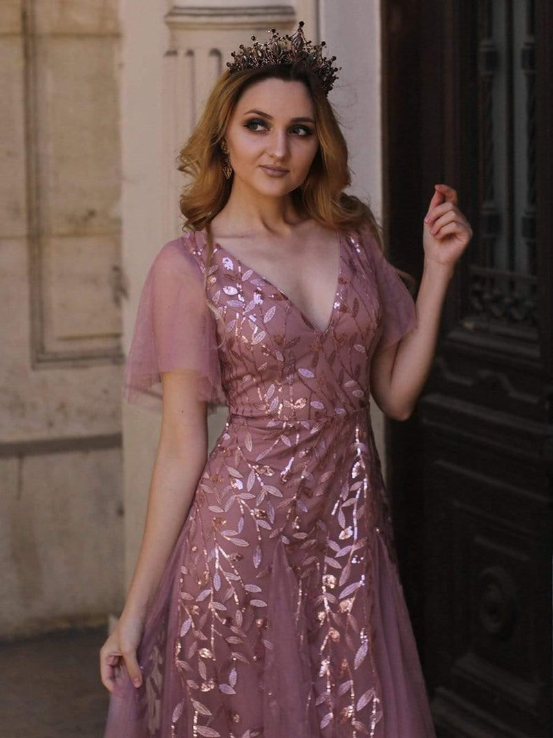 ever ASTRAL|Shimmery Ruffle Sleeves Maxi Sequin Evening Dress