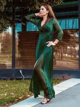Women's Sexy Long Sleeve V-Neck Shiny Evening Dress