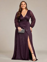 Plus Size V-Neck Shiny Puff Sleeve Evening Dress for Women