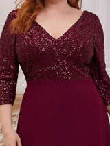 ever LUENA|Sexy V Neck Sequin Evening Dresses with 3/4 Sleeve