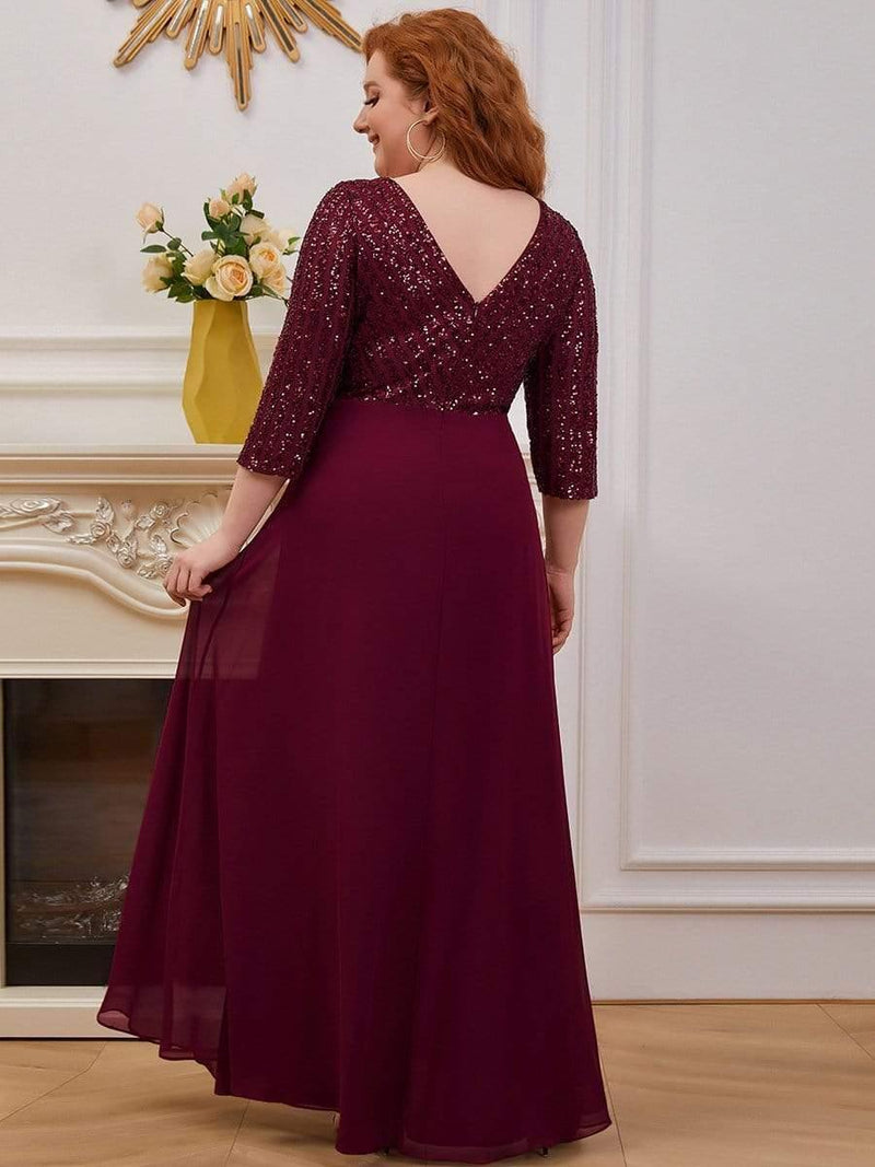 ever LUENA|Sexy V Neck Sequin Evening Dresses with 3/4 Sleeve