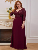 ever LUENA|Sexy V Neck Sequin Evening Dresses with 3/4 Sleeve