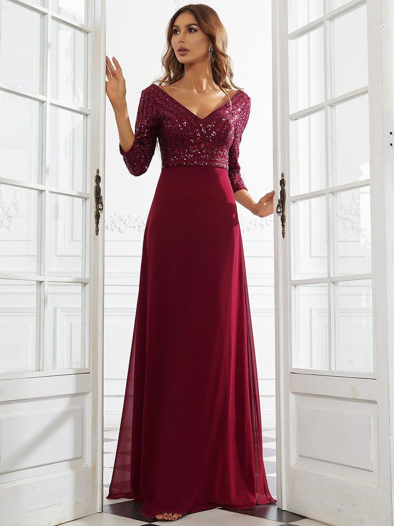 ever LUENA|Sexy V Neck Sequin Evening Dresses with 3/4 Sleeve