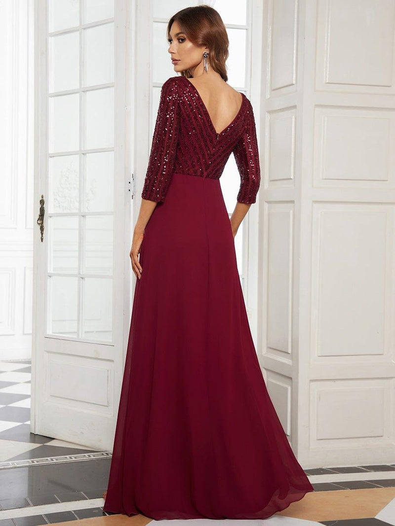 ever LUENA|Sexy V Neck Sequin Evening Dresses with 3/4 Sleeve