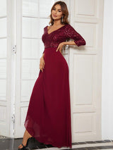 ever LUENA|Sexy V Neck Sequin Evening Dresses with 3/4 Sleeve