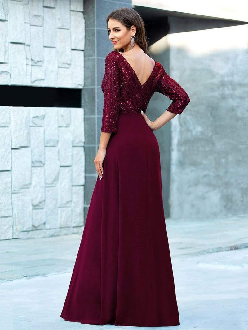 ever LUENA|Sexy V Neck Sequin Evening Dresses with 3/4 Sleeve