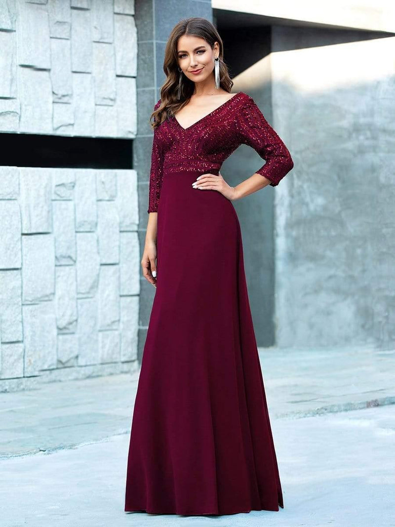ever LUENA|Sexy V Neck Sequin Evening Dresses with 3/4 Sleeve