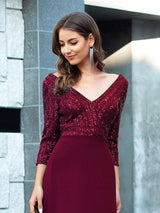 ever LUENA|Sexy V Neck Sequin Evening Dresses with 3/4 Sleeve