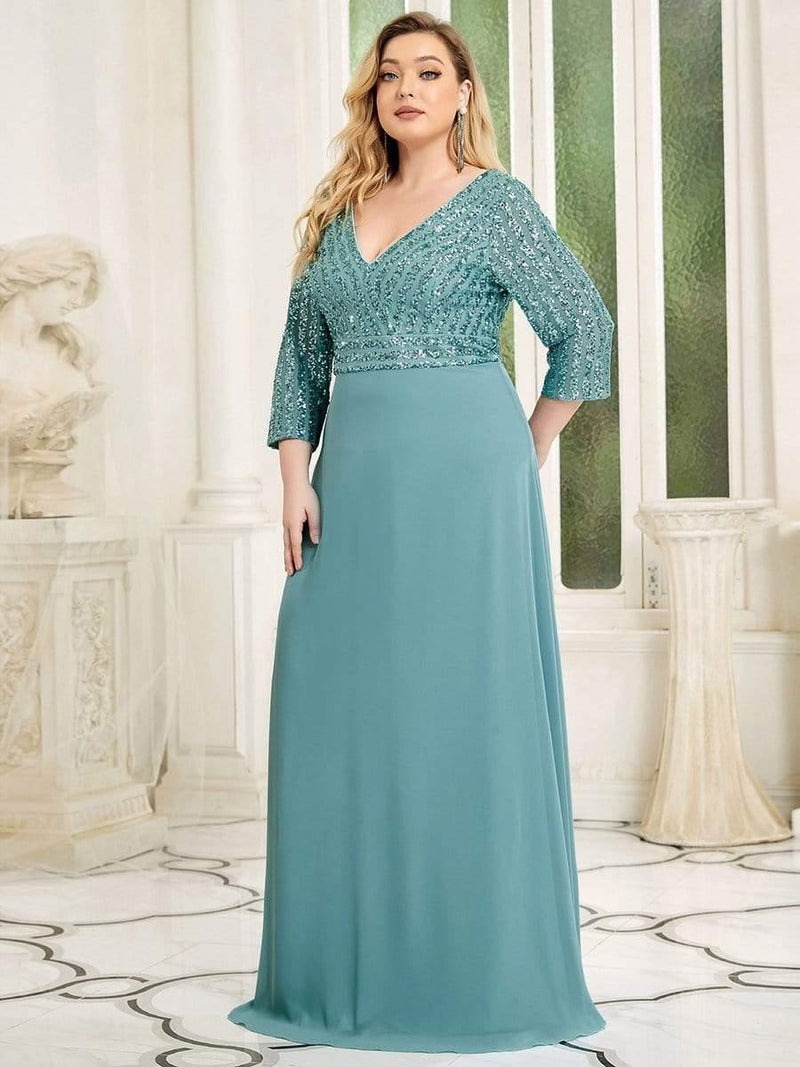 ever LUENA|Sexy V Neck Sequin Evening Dresses with 3/4 Sleeve
