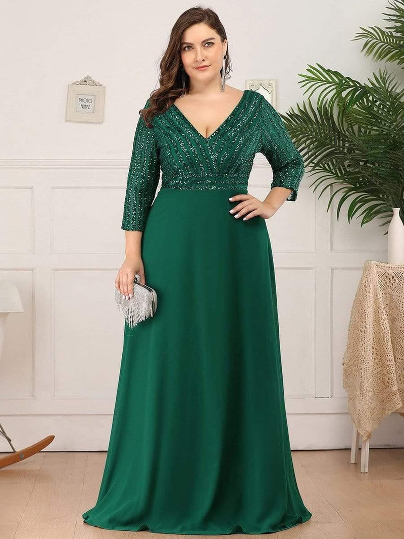 pretty LUENA|Plus Size V Neck A-Line Sequin Formal Evening Dress with Sleeve