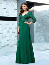 ever LUENA|Sexy V Neck Sequin Evening Dresses with 3/4 Sleeve