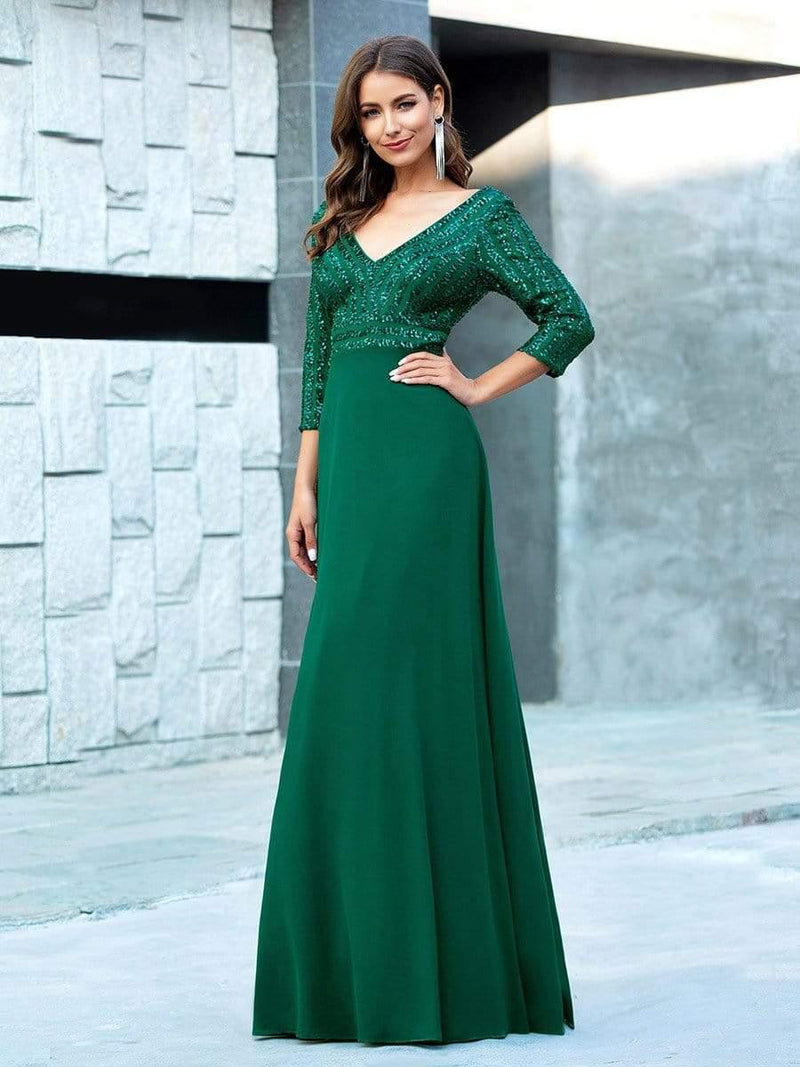 ever LUENA|Sexy V Neck Sequin Evening Dresses with 3/4 Sleeve