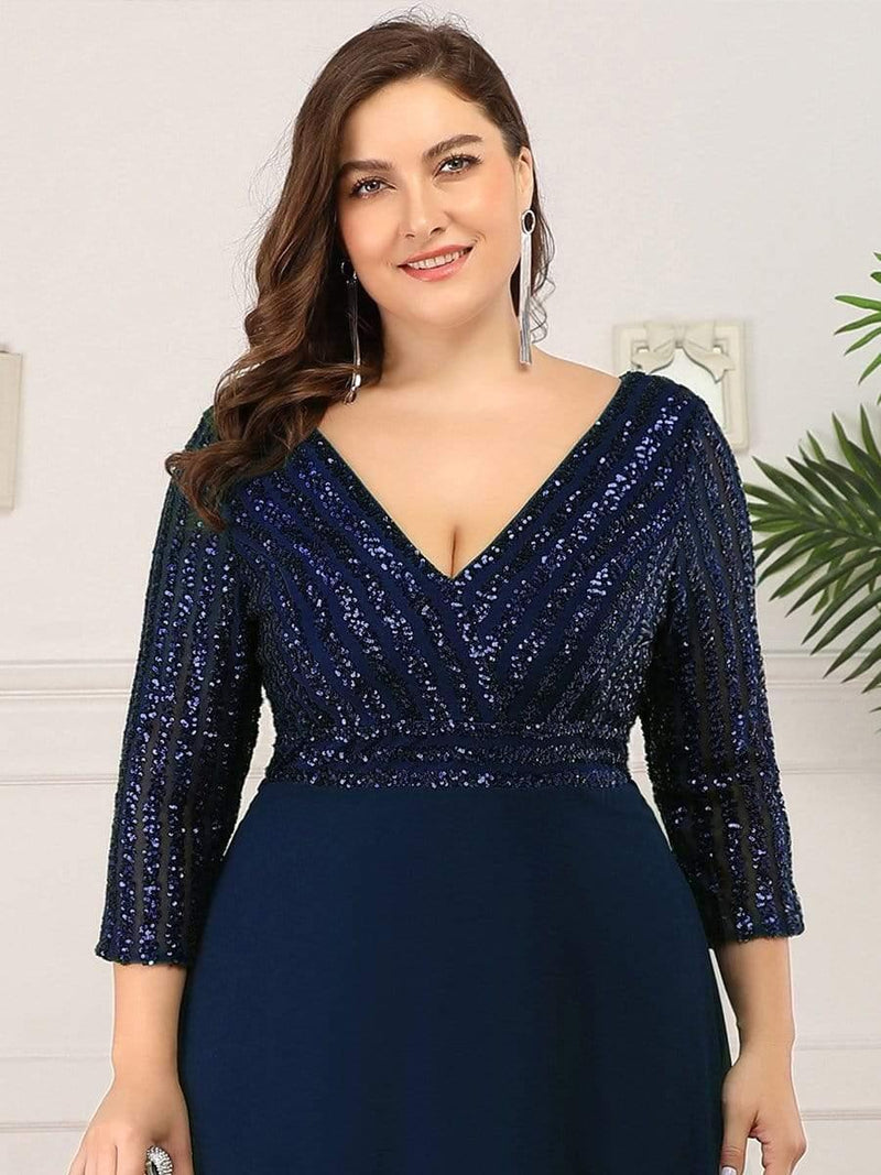 ever LUENA|Sexy V Neck Sequin Evening Dresses with 3/4 Sleeve