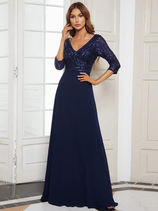 ever LUENA|Sexy V Neck Sequin Evening Dresses with 3/4 Sleeve