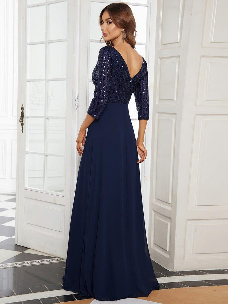 ever LUENA|Sexy V Neck Sequin Evening Dresses with 3/4 Sleeve