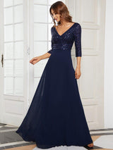 ever LUENA|Sexy V Neck Sequin Evening Dresses with 3/4 Sleeve
