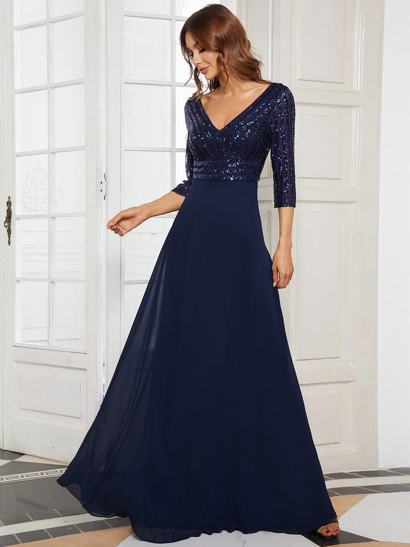 ever LUENA|Sexy V Neck Sequin Evening Dresses with 3/4 Sleeve