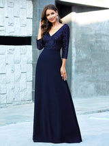 ever LUENA|Sexy V Neck Sequin Evening Dresses with 3/4 Sleeve