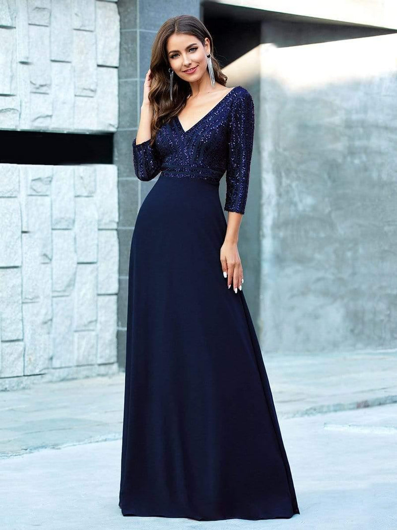 ever LUENA|Sexy V Neck Sequin Evening Dresses with 3/4 Sleeve