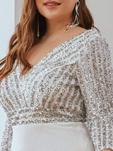 ever LUENA|Sexy V Neck Sequin Evening Dresses with 3/4 Sleeve