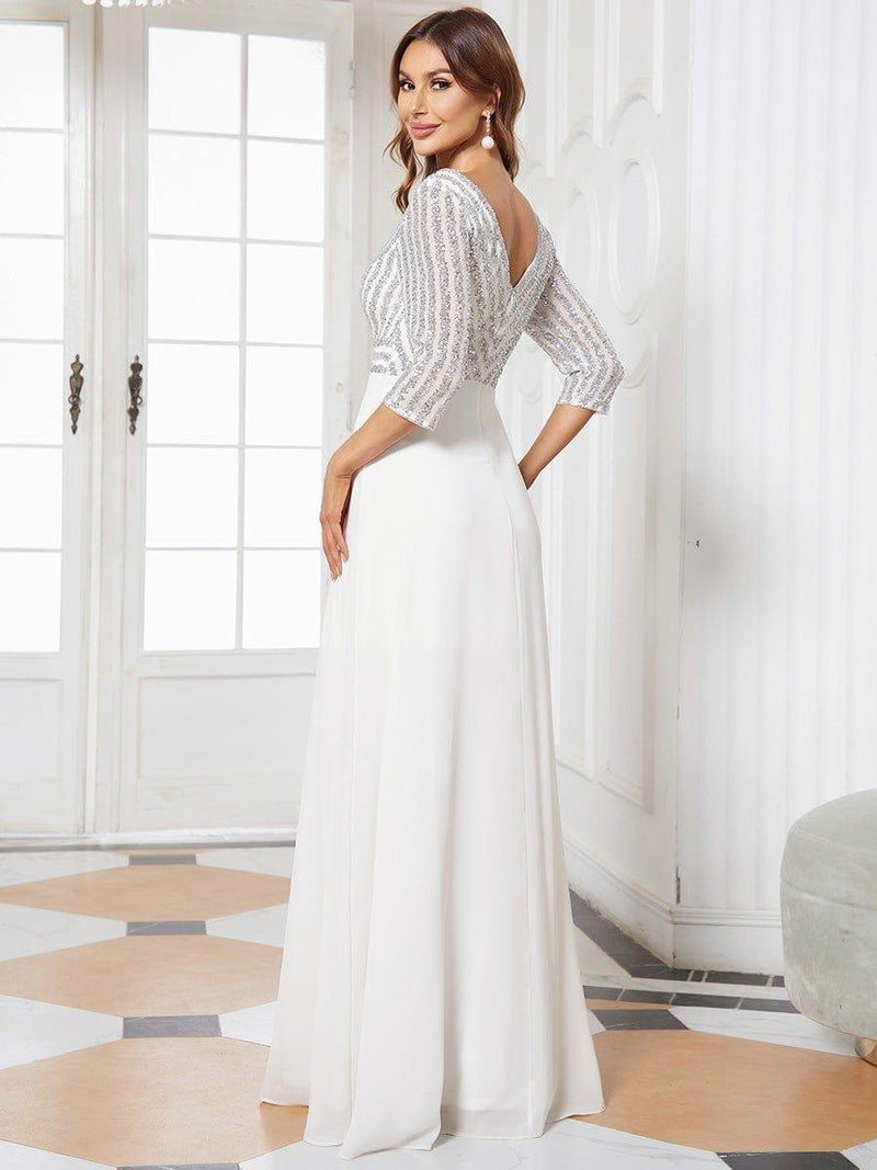 ever LUENA|Sexy V Neck Sequin Evening Dresses with 3/4 Sleeve