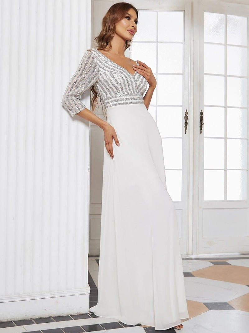 ever LUENA|Sexy V Neck Sequin Evening Dresses with 3/4 Sleeve