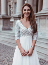 ever LUENA|Sexy V Neck Sequin Evening Dresses with 3/4 Sleeve