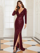 ever NYX|Shiny V Neck Sequin Long Sleeves Evening Dress