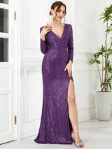 ever NYX|Shiny V Neck Sequin Long Sleeves Evening Dress