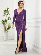 ever NYX|Shiny V Neck Sequin Long Sleeves Evening Dress