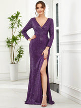 ever NYX|Shiny V Neck Sequin Long Sleeves Evening Dress