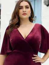 ever REINE|Elegant Double V Neck Velvet Evening Dress with Sleeves