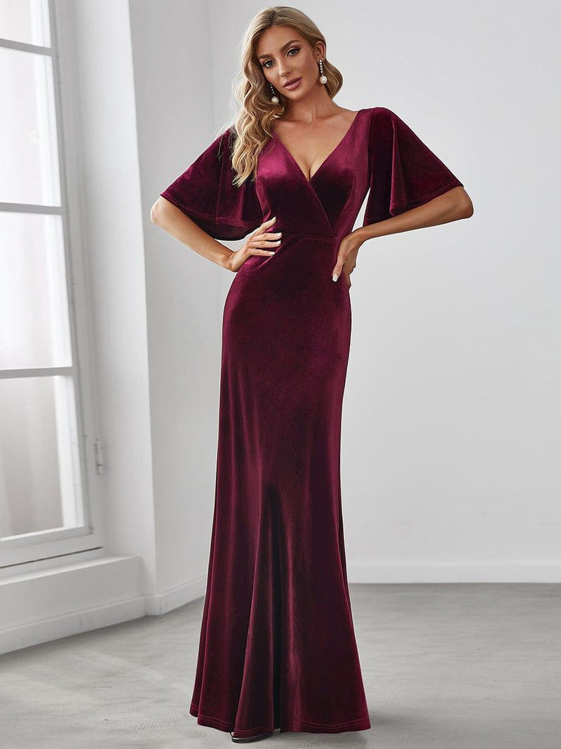 ever REINE|Elegant Double V Neck Velvet Evening Dress with Sleeves