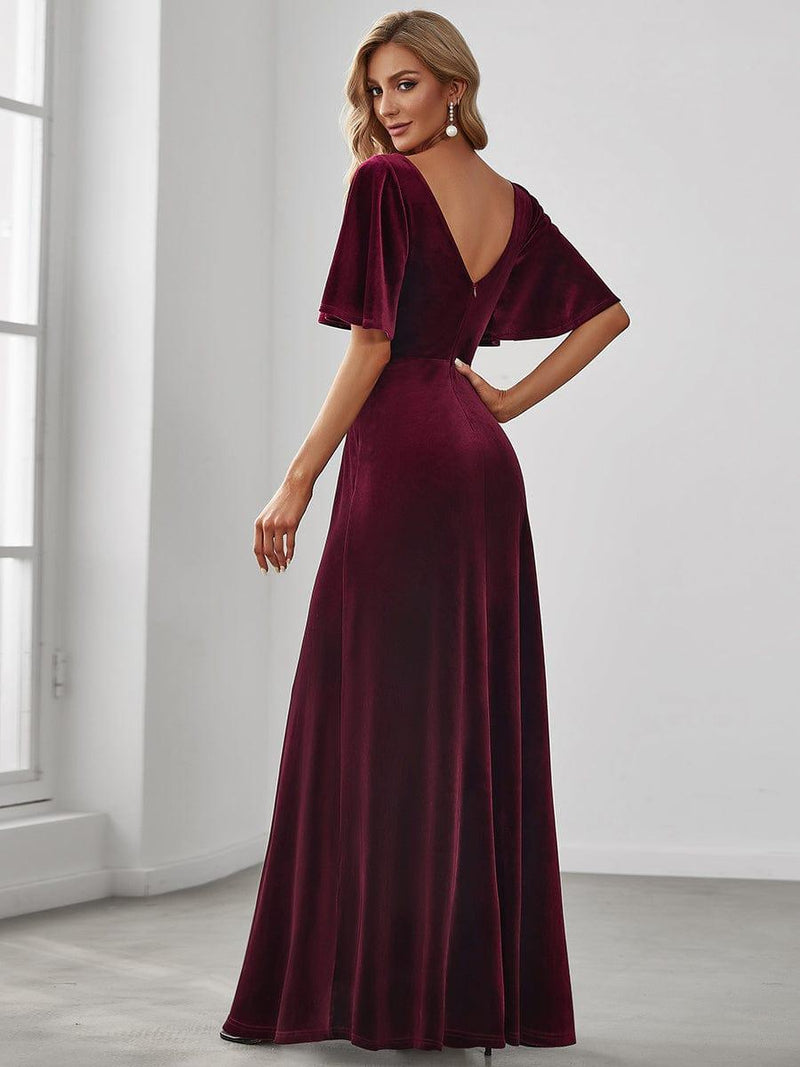 ever REINE|Elegant Double V Neck Velvet Evening Dress with Sleeves