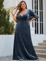 ever REINE|Elegant Double V Neck Velvet Evening Dress with Sleeves