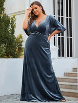 ever REINE|Elegant Double V Neck Velvet Evening Dress with Sleeves