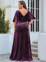 ever REINE|Elegant Double V Neck Velvet Evening Dress with Sleeves