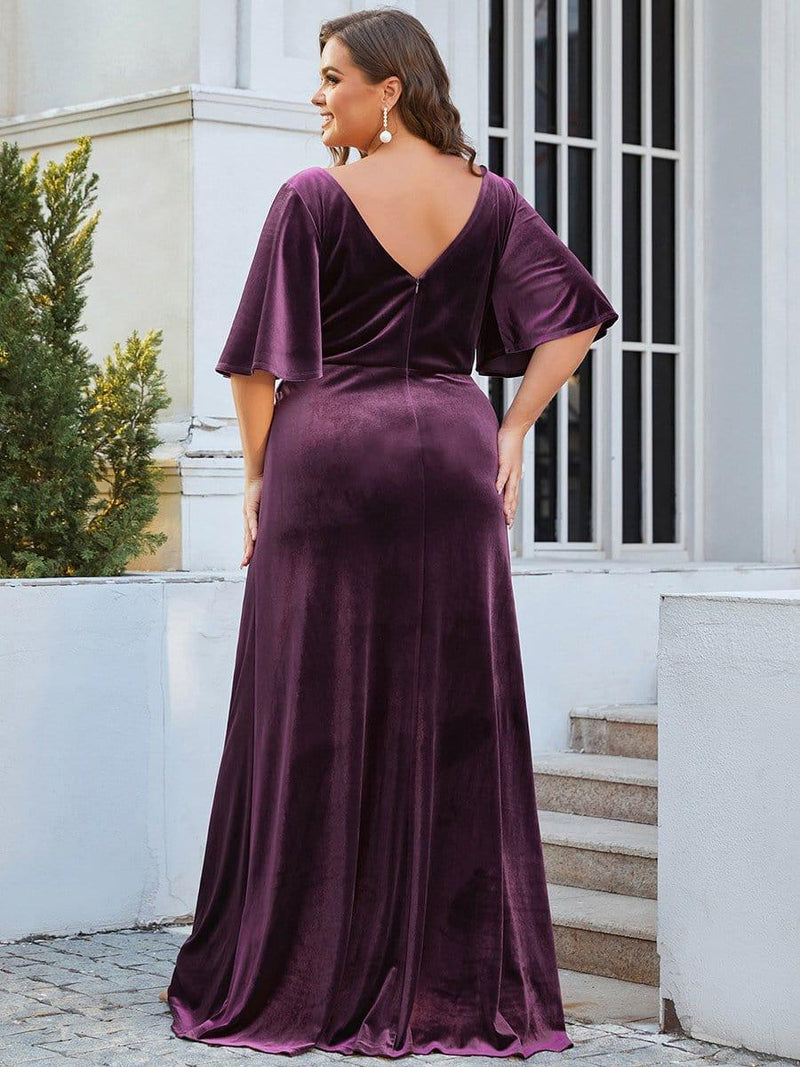 ever REINE|Elegant Double V Neck Velvet Evening Dress with Sleeves