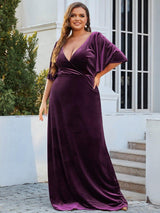 ever REINE|Elegant Double V Neck Velvet Evening Dress with Sleeves