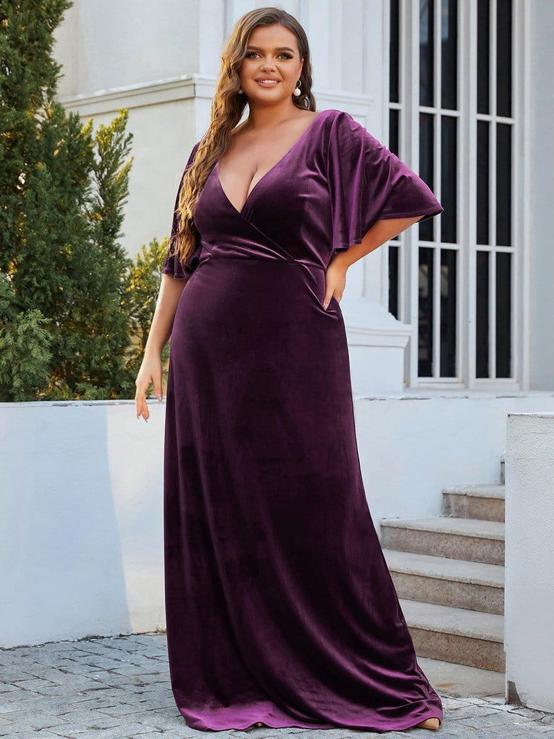 ever REINE|Elegant Double V Neck Velvet Evening Dress with Sleeves