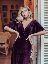 ever REINE|Elegant Double V Neck Velvet Evening Dress with Sleeves