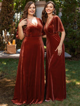 ever REINE|Elegant Double V Neck Velvet Evening Dress with Sleeves