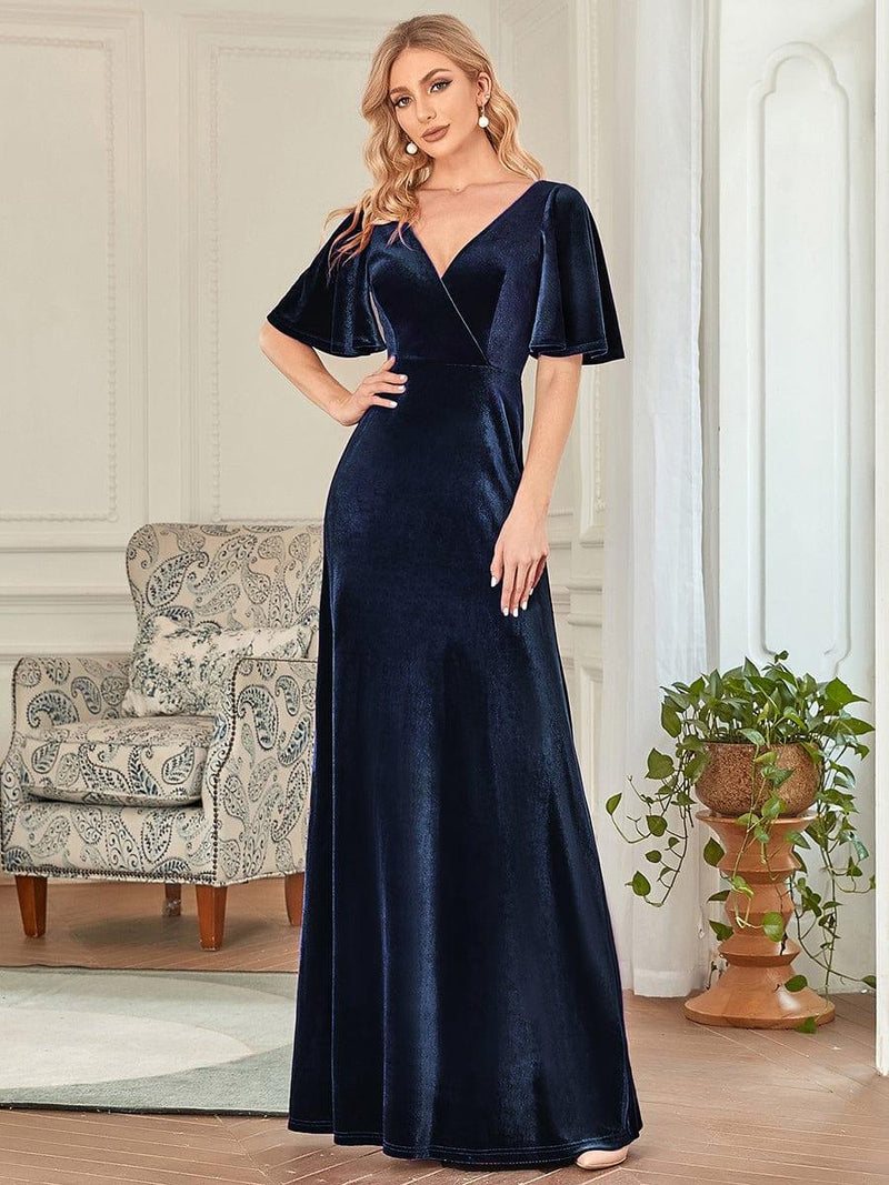 ever REINE|Elegant Double V Neck Velvet Evening Dress with Sleeves