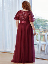 ever SAPHIR|Women's A-Line Sequin Leaf Maxi Prom Dress with Sleeves