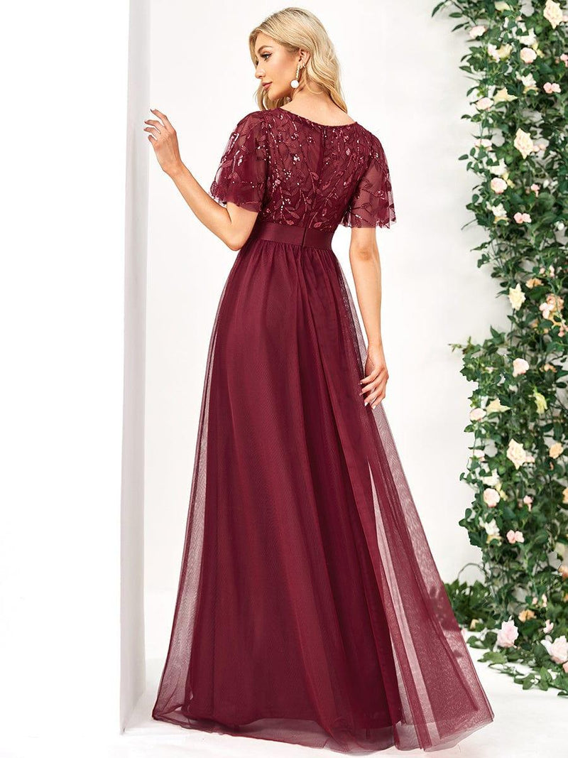 ever SAPHIR|Women's A-Line Sequin Leaf Maxi Prom Dress with Sleeves