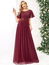 ever SAPHIR|Women's A-Line Sequin Leaf Maxi Prom Dress with Sleeves