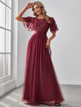 ever SAPHIR|Women's A-Line Sequin Leaf Maxi Prom Dress with Sleeves