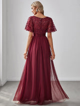 ever SAPHIR|Women's A-Line Sequin Leaf Maxi Prom Dress with Sleeves