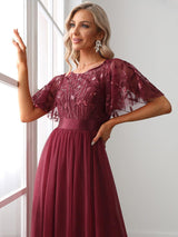 ever SAPHIR|Women's A-Line Sequin Leaf Maxi Prom Dress with Sleeves